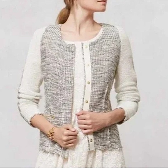 Anthropologie Cartonnier Sweater Glimmered Metallic Tweed Knit snap closure Med - Picture 1 of 13